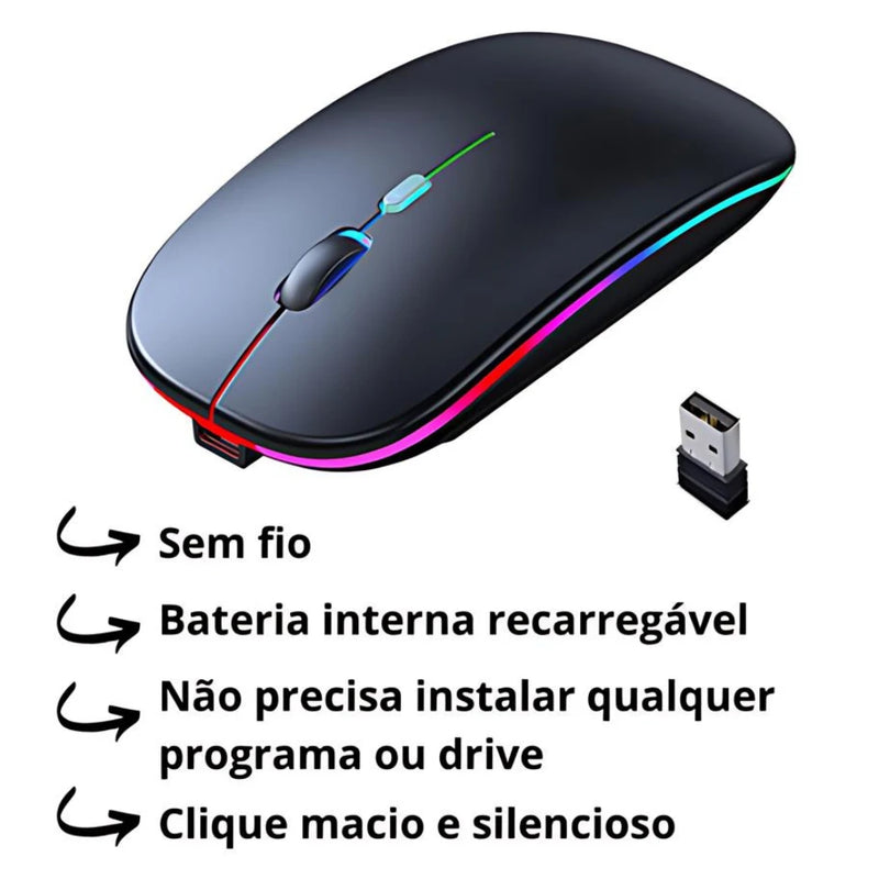 ⚡ Mouse Sem Fio Recarregável com LED Colorido 2.4 GHz