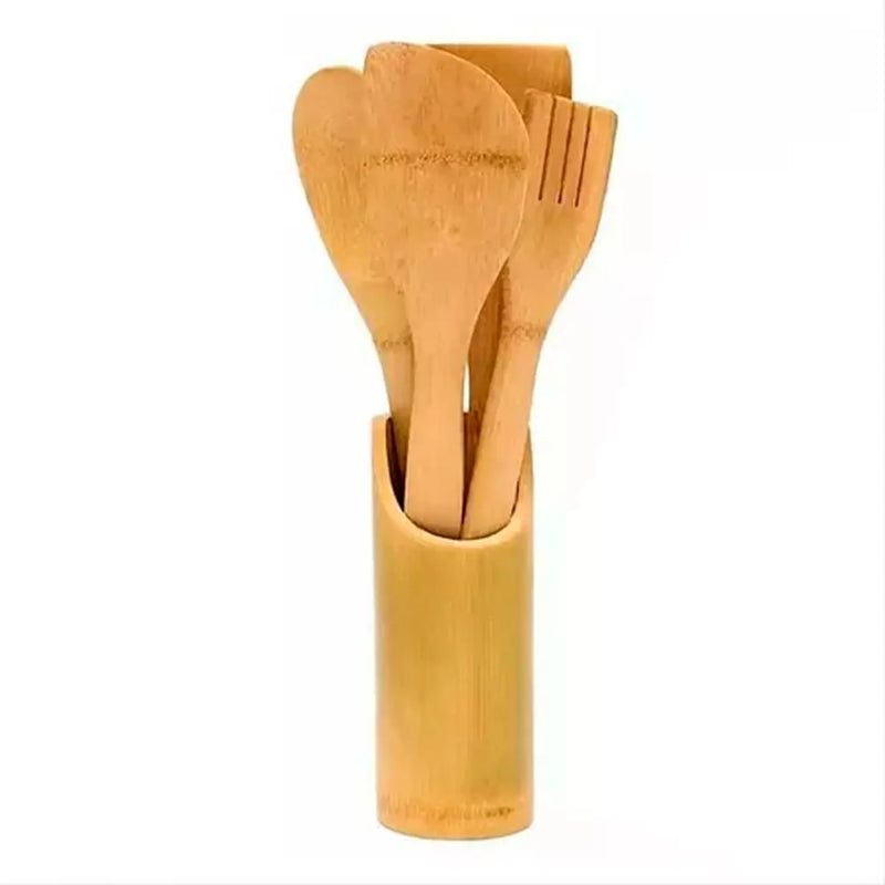 Kit 4 Espátulas de Bambu + Suporte Organizador